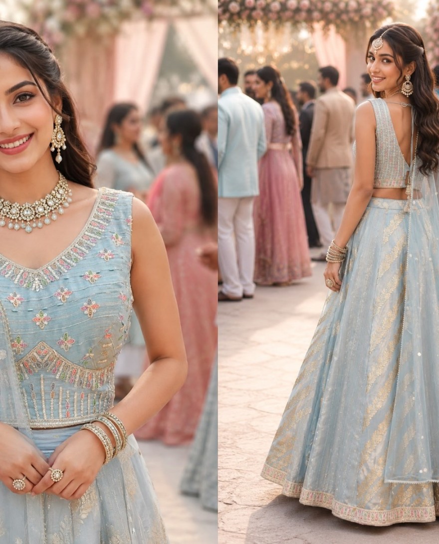 BLUE - Aqua Blue Viscose Readymade Lehenga Choli